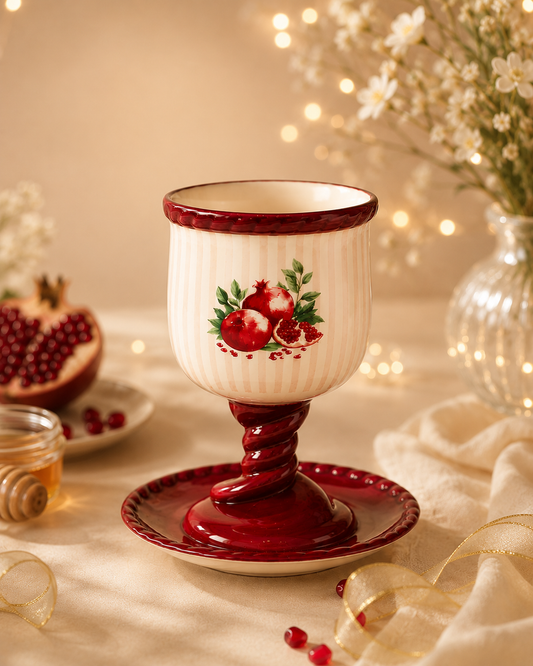 Verre à kiddouch grenade avec soucoupe avec rayures bordeaux