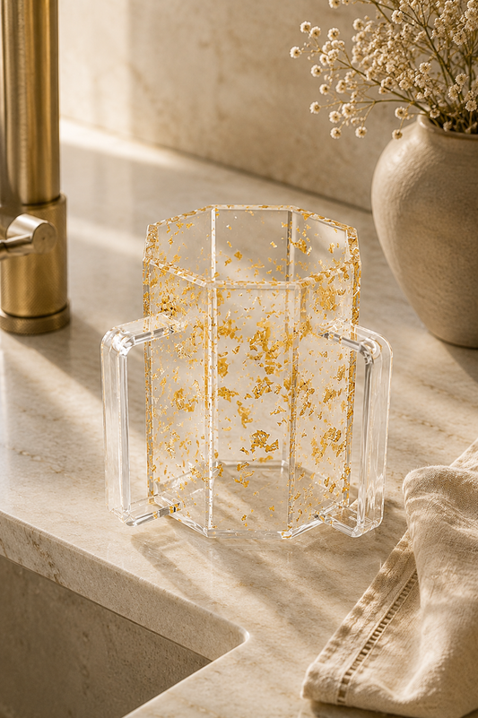 Keli acrylique transparent et paillettes dorées 10x10x11cm
